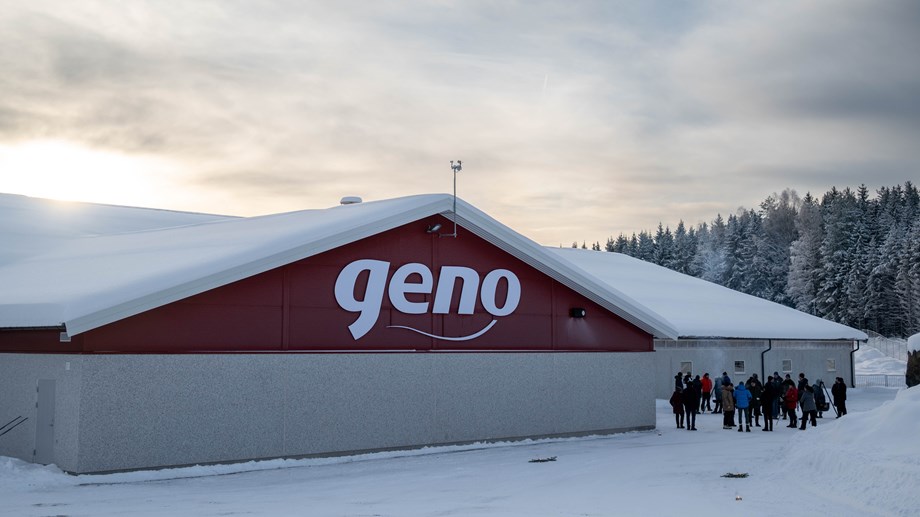 Tatt med drone av det nye oksefjøset på Store Ree. Geno-logoen står med store hvite bokstaver på veggen.